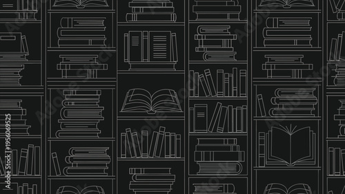 Seamless pattern of bookshelves filled with numerous books of various sizes rendered in white outlines on a black background.