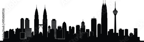Kuala Lumpur skyline silhouette with Petronas Twin Towers and KL Tower, modern Malaysia cityscape vector illustration urban architecture banner design