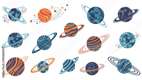 Set of colorful planets with rings and stars in a stylized retro space themed illustration on a white background.