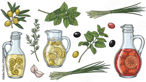 Still life of Mediterranean ingredients featuring bottles of olive oil, herbs, fresh olives, and garlic cloves.