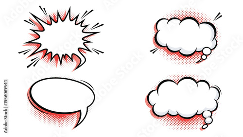 Set of four comic book style speech bubbles with explosive shapes and halftone shadow effects on a white background.