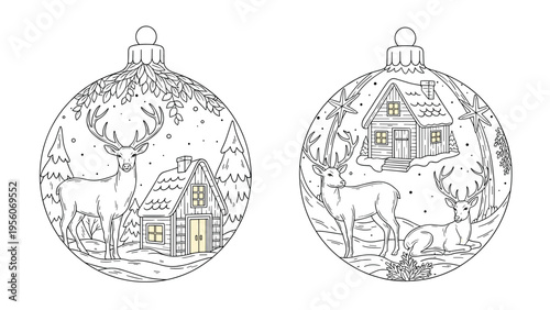 Christmas ball ornaments with detailed hand-drawn winter scenes including reindeer, cozy log cabins, and snow-covered pine trees.
