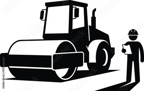 Black silhouette of a heavy road roller machine with a construction worker engineer holding a clipboard for infrastructure and road building