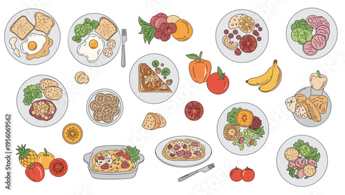 Variety of delicious breakfast and brunch dishes on plates including eggs, toast, fruit, salad, and appetizers.