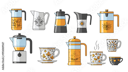 Various kitchenware items including French presses, teapots, coffee carafes, and decorative cups with floral and leaf patterns.