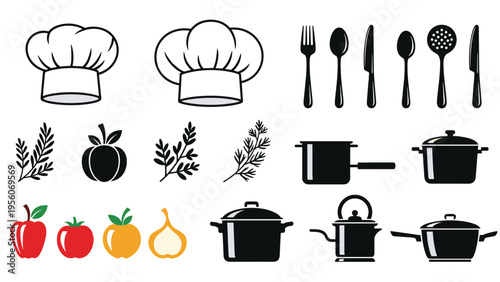 Assortment of cooking-related silhouettes including chef hats, kitchen utensils, pots, kettles, and fresh fruits and vegetables.