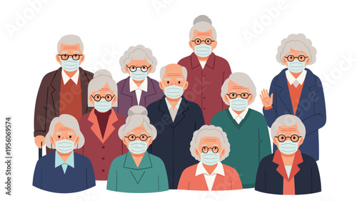 Diverse group of senior citizens wearing protective blue face masks and glasses during a global health pandemic situation.