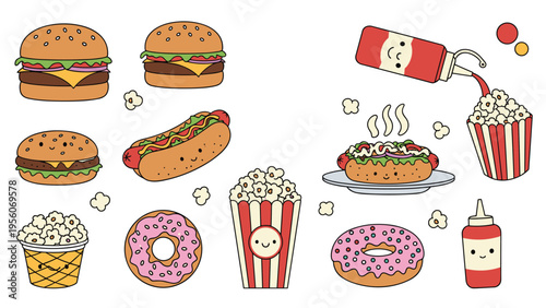 Collection of adorable fast food characters with smiling faces including burgers, hot dogs, popcorn, donuts, and condiment bottles.