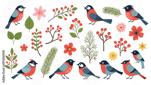 Colorful birds perched among various winter and spring botanical elements such as berries, pine branches, and blooming flowers.