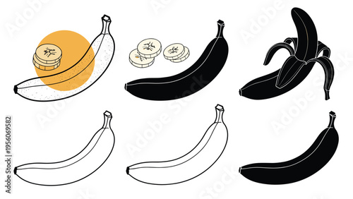 Set of banana graphics featuring whole fruit, peeled versions, and sliced pieces in outline, silhouette, and colored styles.