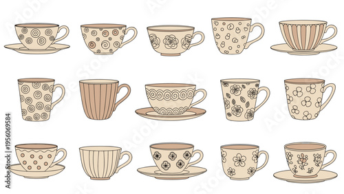 Vintage-style teacups and saucers featuring various ornate patterns like polka dots, stripes, flowers, and swirls in a warm beige palette.