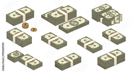 Isometric illustration of various stacks and bundles of dollar bills secured with paper bands accompanied by small gold coins.