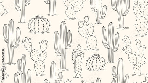 Seamless pattern featuring a variety of hand-drawn cactus species including saguaro and prickly pear in a minimalist line art style.