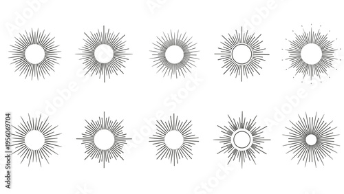 Collection of ten different minimalist sunburst and radial line sun icons in black and white vector line art style.