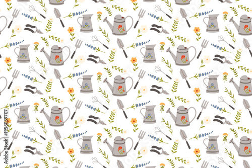 Clean vector garden background. Seamless pattern with watering cans, pitchers, pruners, shovels, and wildflowers on white. Hand drawn cottagecore ornament for textile and paper.