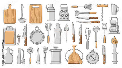 Comprehensive collection of kitchen utensils and cooking tools including knives, graters, and boards in flat line art style.