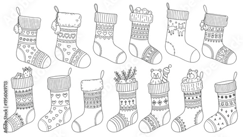 Detailed hand-drawn set of festive Christmas stockings featuring patterns like hearts, trees, cats, and teddy bears for holiday decor.