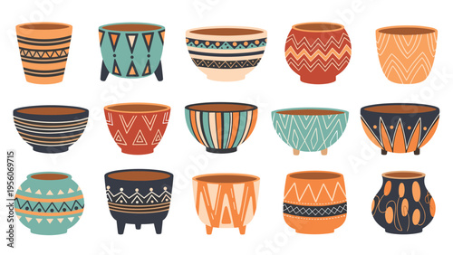 Collection of colorful ceramic flower pots with various ethnic patterns and tribal designs isolated on white background.