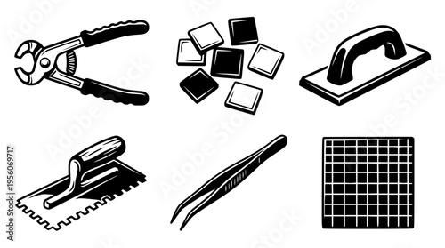 Vector graphic illustration of tile installation tools and materials