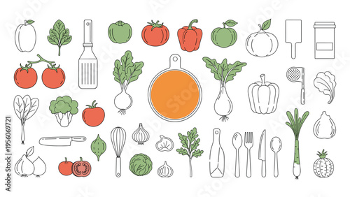 Comprehensive set of kitchen icons including vegetables, fruits, and cooking utensils like knives, whisks, and cutting boards.