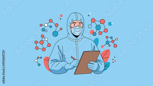 Professional scientist in blue protective hazmat suit holding a clipboard with molecular structures in the background.