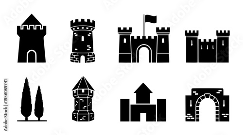 Black silhouette castle icons and towers in vector graphic design