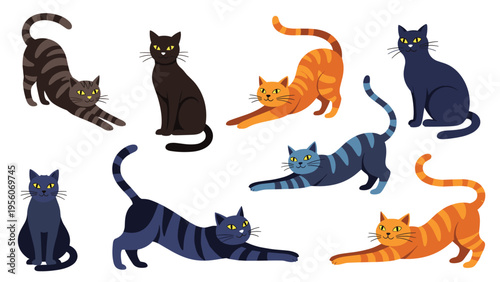 Collection of cute cats in various colors and poses including sitting, stretching, and standing isolated on white.