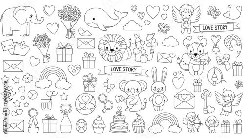Comprehensive collection of cute line art icons for romantic love story themes featuring animals like elephants whales and lions with hearts and gifts.