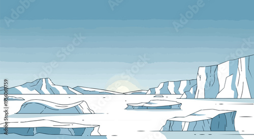 Expansive serene arctic frozen landscape featuring majestic floating icebergs and colossal glaciers beneath a tranquil pale blue sky with a distant