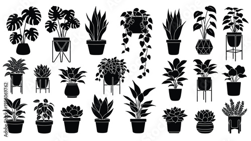 Collection of black silhouettes representing various indoor houseplants in decorative pots isolated on white background.