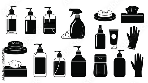 Set of black and white icons for hygiene and personal care including soap, sanitizer, tissues, and protective gloves.