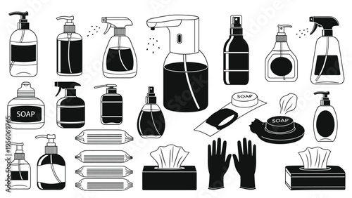 Comprehensive collection of hygiene and sanitization products including soap, wipes, and sanitizer in line art style.