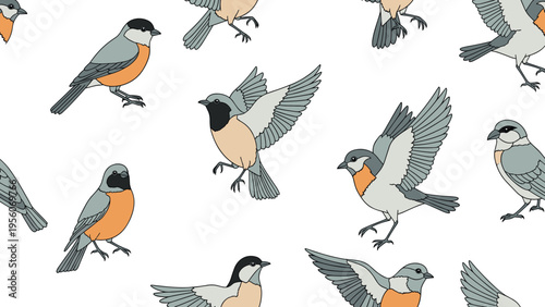 Seamless repeating pattern of small birds like tits in various flying and sitting positions with colorful feathers.
