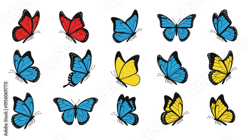 Large collection of colorful butterflies including red, blue, and yellow species in different flying positions isolated on white.
