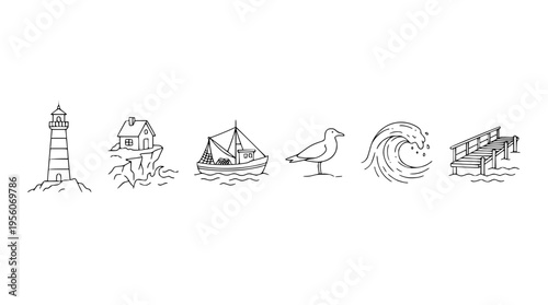 Coastal scenery with lighthouse, house, boat, seagull, wave, and pier