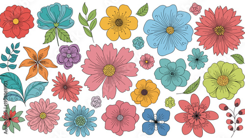 Large collection of colorful hand drawn flowers and leaves in various shapes and sizes isolated on white background.