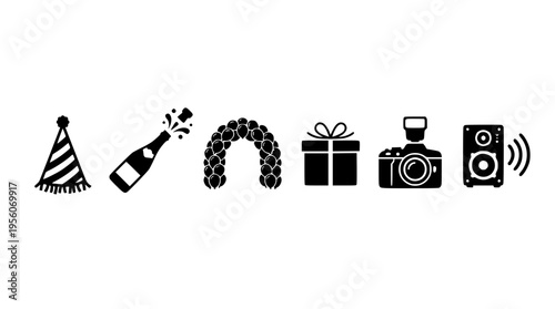 Celebration icons including party hat and champagne bottle graphics