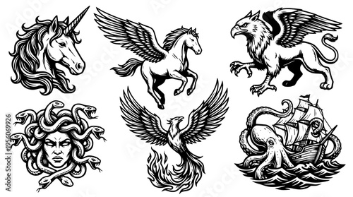 Mythical creatures in a black and white vector illustration