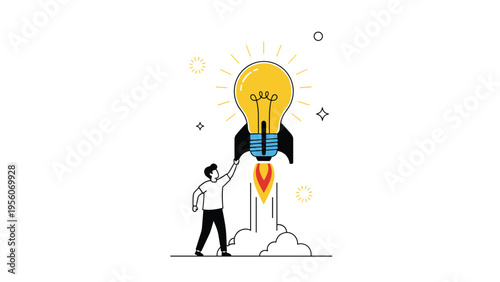 Creative concept illustration shows a person launching a lightbulb rocket symbolizing the takeoff of a new idea or a successful business startup.