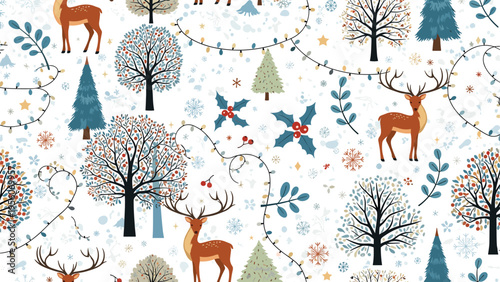 Seamless Christmas pattern features majestic deer among various evergreen and deciduous trees decorated with strings of glowing fairy lights and snowflakes.