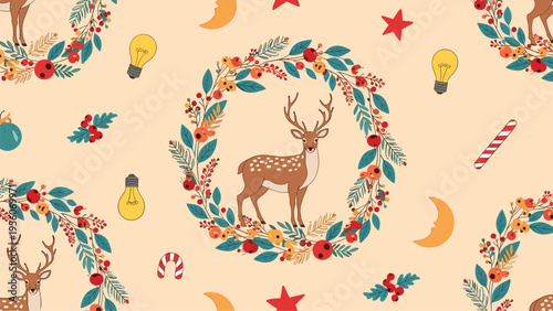 Beautiful seamless pattern for the holiday season features graceful deer framed by colorful winter wreaths with berries and festive symbols.