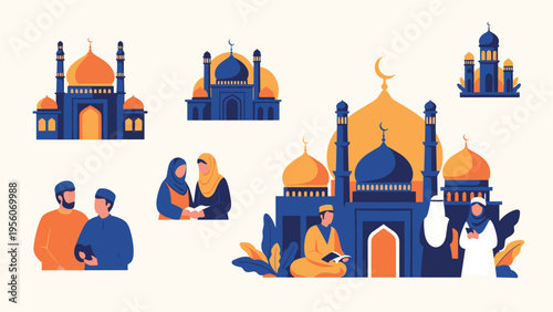 Collection of Islamic themed illustrations features silhouettes of people praying reading and gathering near beautiful mosques with golden domes.