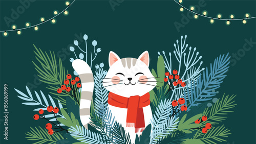 Adorable white cat wearing a cozy red scarf smiles while sitting amidst lush winter greenery of pine branches and bright red berries.