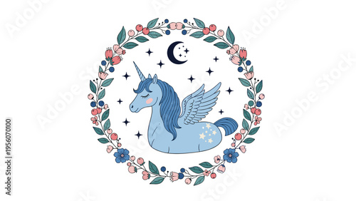 Whimsical blue winged unicorn is gracefully framed by a circular wreath of flowers and leaves under a crescent moon and twinkling stars.