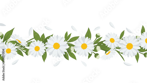 Horizontal border features a beautiful row of white daisies with yellow centers and green leaves with some petals floating in the air.