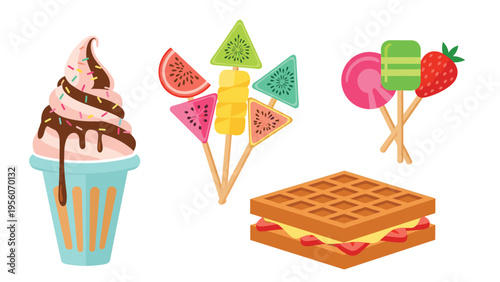 Selection of sweet treats including a soft serve ice cream cone, fruit skewers, lollipops, and a waffle sandwich.