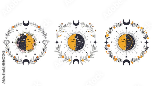 Set of three ornate celestial symbols features sun and moon faces intertwined within decorative wreaths of flowers leaves and mystical elements.