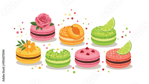 Assortment of gourmet macarons is beautifully decorated with fresh elements like a rose apricot lime slices and small berries on a white background.