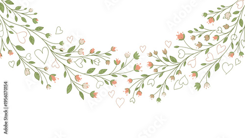 Decorative floral swag border features delicate vines with small pink flowers green leaves and hand drawn hearts on a white background.