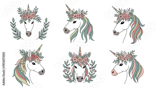 Collection of six elegant unicorn heads features flowing multi-colored manes and beautiful floral crowns with green leaves and pink blossoms.